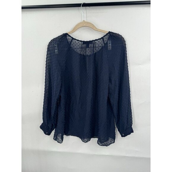 J. Crew Blouse Women 2 Navy Blue Sheer Swiss Dot Long Sleeve Preppy Keyhole Neck - Picture 2 of 8